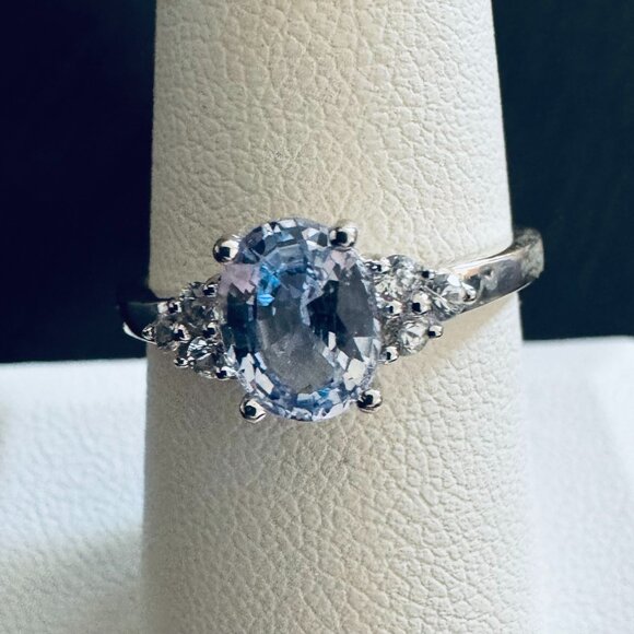 14K White Gold Oval Aquamarine Diamond Solitaire Ring Anniversary size 8 - Picture 1 of 8